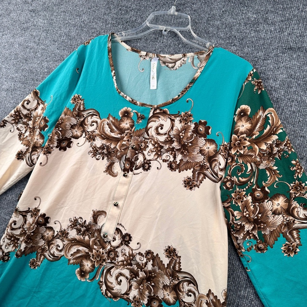 B&Y Women Teal Floral Paisley Scroll Tunic Top Stud Buttons Size 48 (US 16/18)